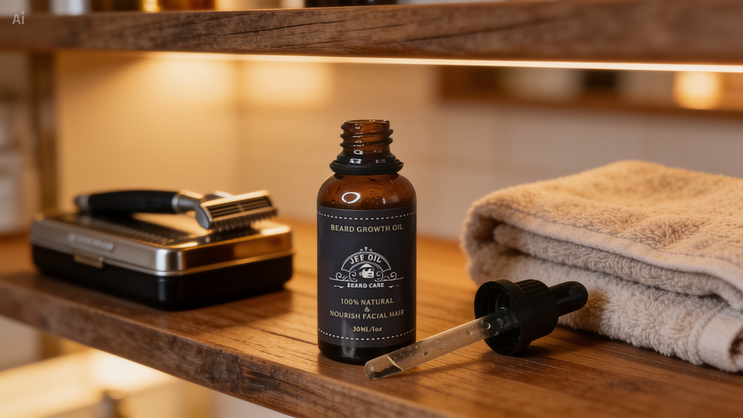 Kit complet de soins pour barbes avec huile, baume, stylo et accessoires sur fond e