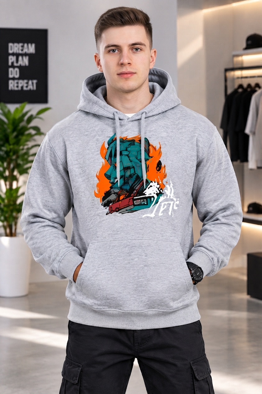 Sweat à capuche gris Champion Powerblend pour homme avec poche kangourou et logo graphique sur la poitrine